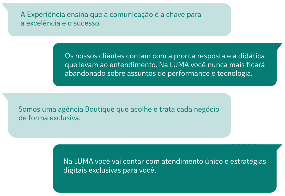 Conversas falando sobre a experiência da Luma e a qualidade do nosso atendimento com todos os clientes